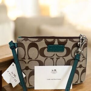Coach Brown and Cream Monogram Wristlet with Green leather NWT